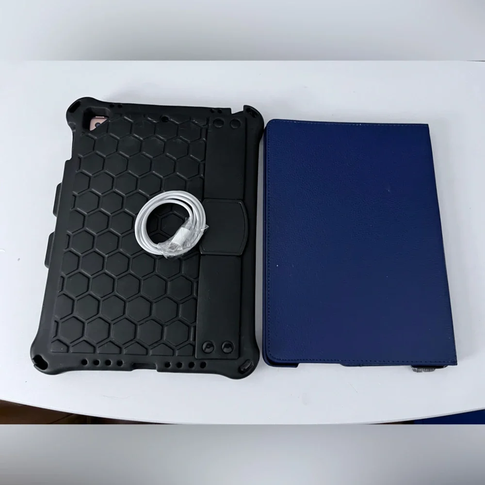 Apple iPad 2 in Champaign with Black Rugged Sleeve and Navy Blue Rotating Folio.